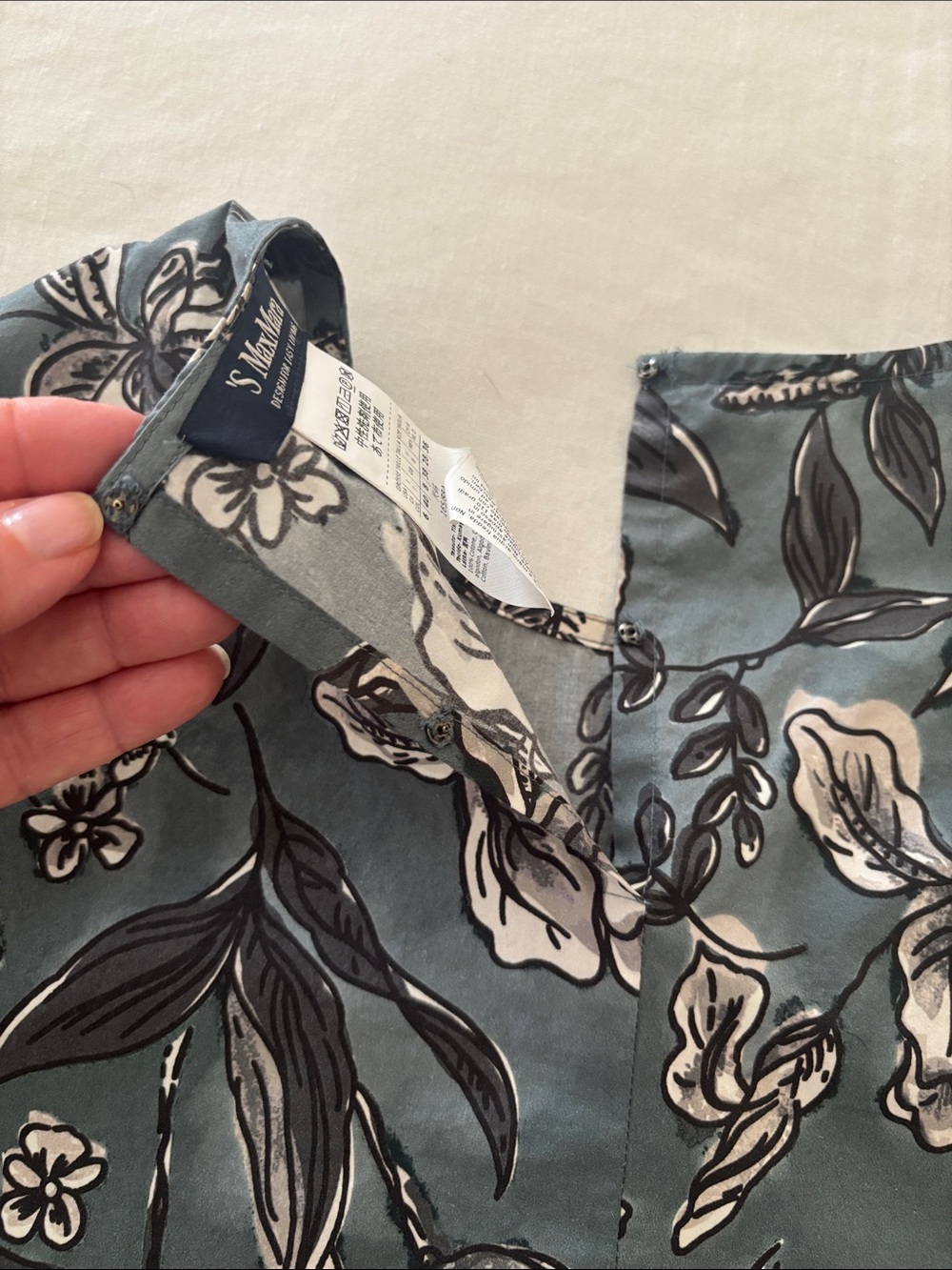 MaxMara Slate Green Floral Puff-Sleeve Blouse -Sz 6 - Picture 6 of 6